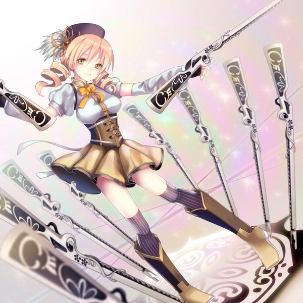 Anime picture 1500x1500 with mahou shoujo madoka magica shaft (studio) tomoe mami yuuki rika single short hair blonde hair smile twintails holding yellow eyes blurry dutch angle depth of field puffy sleeves drill hair dual wielding magical girl underbust girl