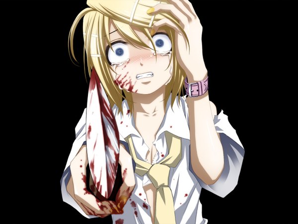 Anime picture 1280x960 with vocaloid kagamine rin kuromayu single short hair blue eyes blonde hair black background crying girl hair ornament shirt hairclip blood
