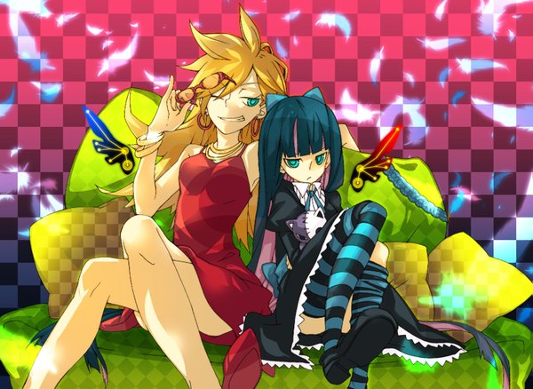 Anime picture 1535x1122 with panty & stocking with garterbelt zaregoto series anarchy stocking anarchy panty long hair blonde hair smile sitting multiple girls purple hair one eye closed multicolored hair aqua eyes wink two-tone hair colored inner hair checkered goth-loli checkered background girl