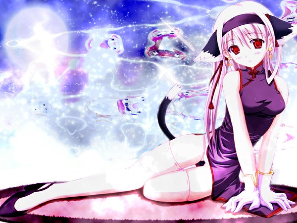 Anime picture 1024x768 with light erotic animal ears cat girl chinese clothes girl chinese dress