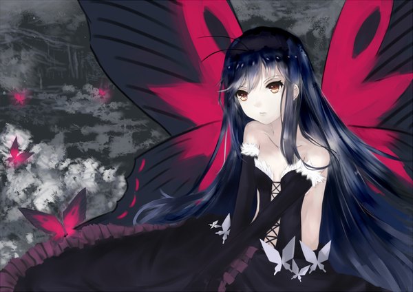 Anime picture 1137x805 with accel world sunrise (studio) kuroyukihime shinso (yoshitsuna) single long hair black hair bare shoulders brown eyes insect wings butterfly wings girl dress gloves elbow gloves hairband insect butterfly