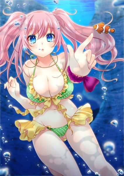 Anime picture 1013x1433 with original yukian single long hair tall image blush breasts blue eyes light erotic twintails pink hair cleavage underwater girl swimsuit bikini bubble (bubbles) fish (fishes)