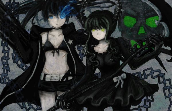 Anime picture 3500x2268 with black rock shooter black rock shooter (character) dead master long hair looking at viewer highres blue eyes multiple girls green eyes absurdres horn (horns) glowing scar glowing eye (eyes) girl dress navel weapon 2 girls shorts