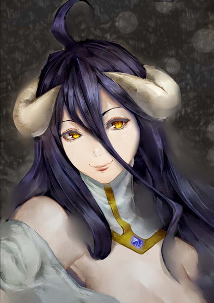 Anime picture 1240x1754 with overlord (maruyama) madhouse albedo (overlord) shimashima (simasima 23) single long hair tall image looking at viewer fringe black hair hair between eyes bare shoulders yellow eyes ahoge horn (horns) light smile armpit (armpits) lipstick portrait dark background