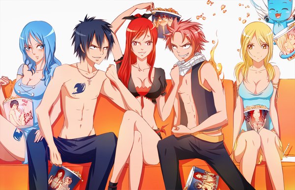 Anime picture 1000x646 with fairy tail lucy heartfilia erza scarlet natsu dragneel gray fullbuster juvia lockser happy (fairy tail) kristallin-f (artist) long hair short hair open mouth blue eyes light erotic black hair blonde hair smile red eyes multiple girls blue hair pink hair