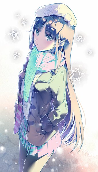 Anime picture 560x981 with original dsmile single long hair tall image looking at viewer blush simple background standing white background pleated skirt from above grey hair grey background grey eyes gradient background plaid skirt snowing girl skirt