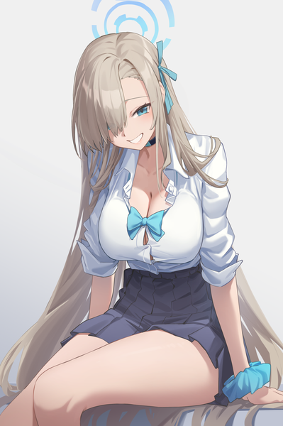 Anime picture 1532x2305 with blue archive asuna (blue archive) reulem single tall image fringe breasts blue eyes light erotic simple background blonde hair smile large breasts cleavage very long hair pleated skirt hair over one eye grin open collar wrist scrunchie