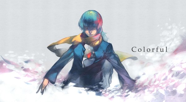 Anime picture 1300x715 with original coralstone single short hair smile wide image eyes closed multicolored hair inscription boy scarf