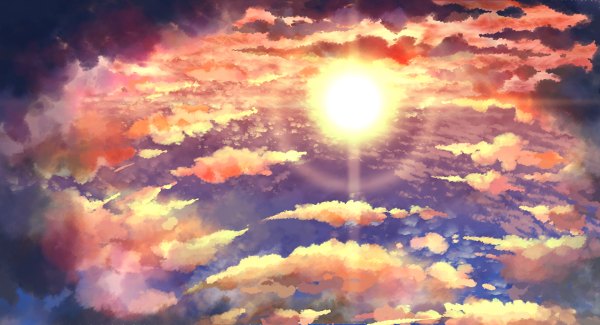 Anime picture 1200x650 with original aya (star) wide image sky cloud (clouds) sunlight lens flare landscape sun