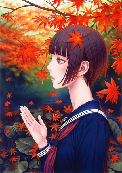Anime picture 3248x4597 with original eshi 100-nin ten tsukasa jun single tall image highres short hair black hair absurdres profile black eyes girl serafuku leaf (leaves)
