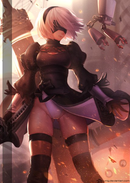 Anime picture 1000x1404 with nier nier:automata yorha no. 2 type b pod (nier:automata) jurrig single tall image short hair light erotic standing holding signed silver hair wind mole puffy sleeves watermark ass visible through thighs mole under mouth blindfold