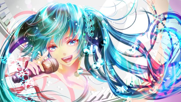 Anime picture 1920x1080 with vocaloid hatsune miku suu (knzksu) single highres open mouth wide image twintails very long hair aqua eyes aqua hair girl bubble (bubbles) microphone keyboard (instrument)