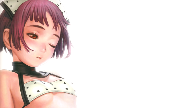 Anime picture 1920x1200 with futuregraph range murata single highres short hair breasts open mouth light erotic red eyes wide image white background pink hair upper body parted lips one eye closed underboob flat chest third-party edit bob cut extended
