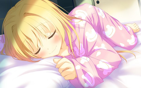 Anime picture 2048x1280 with irotoridori no sekai nikaidou shinku single long hair blush highres blonde hair wide image game cg eyes closed loli sleeping girl pajamas