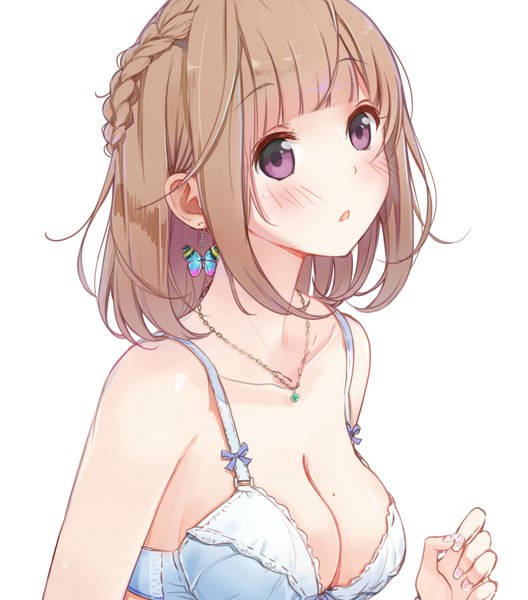 Anime picture 800x908 with original maigoyaki single tall image looking at viewer blush fringe short hair open mouth light erotic simple background brown hair white background purple eyes bare shoulders braid (braids) fingernails mole close-up side braid