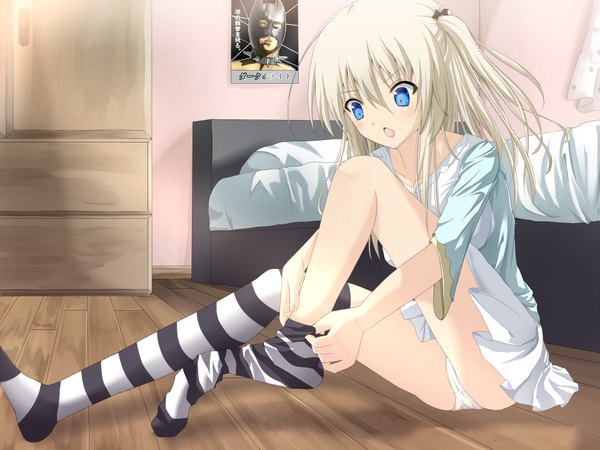 Anime picture 1920x1440 with original inudzuka ringo long hair highres open mouth blue eyes light erotic sitting white hair pleated skirt looking down girl thighhighs underwear panties bed striped thighhighs
