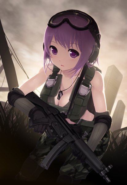 Anime picture 900x1307 with original cait tall image looking at viewer short hair purple eyes bare shoulders purple hair girl gloves uniform weapon elbow gloves gun pendant military uniform goggles