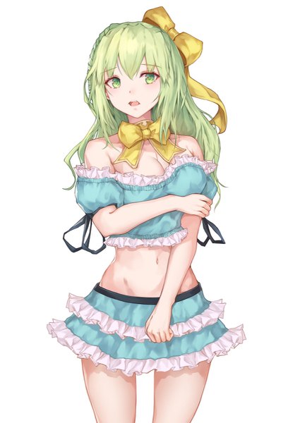 Anime picture 817x1200 with original jname single long hair tall image fringe breasts open mouth light erotic simple background large breasts standing white background bare shoulders green eyes cleavage green hair midriff groin frilly skirt