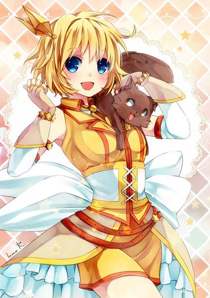 Anime picture 700x993 with original inma r. tall image blush short hair open mouth blue eyes blonde hair smile :d sleeveless girl dress gloves hair ornament animal elbow gloves bell cat jingle bell