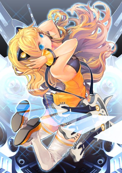 Anime picture 1000x1414 with vocaloid seeu sereneandsilent single long hair tall image open mouth blue eyes blonde hair bare shoulders animal ears nail polish looking back cat ears hand on head jumping girl thighhighs miniskirt white thighhighs