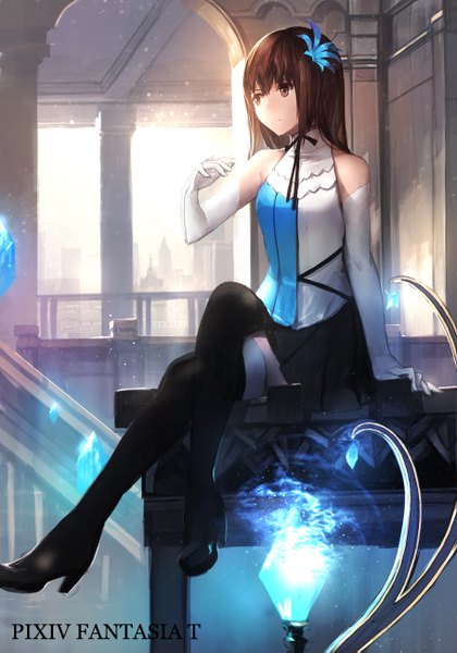 Anime picture 910x1299 with original pixiv fantasia pixiv fantasia t swd3e2 single long hair tall image brown hair sitting bare shoulders brown eyes crossed legs girl thighhighs gloves hair ornament black thighhighs elbow gloves white gloves