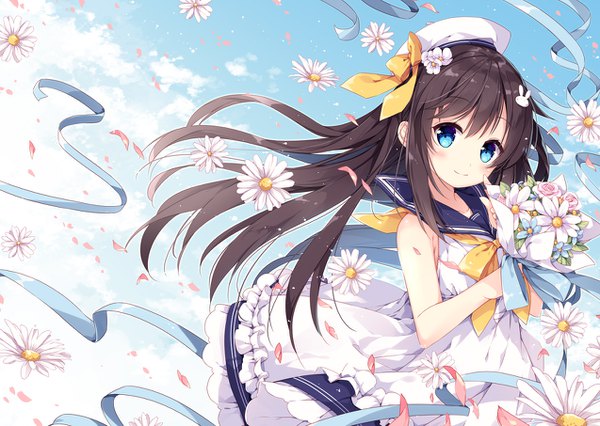 Anime picture 1274x906 with original mochizuki shiina single long hair looking at viewer blush blue eyes smile brown hair bare shoulders sky cloud (clouds) wind girl flower (flowers) ribbon (ribbons) petals beret bouquet sailor dress