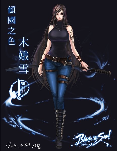 Anime picture 1378x1777 with blade & soul mappung-gun (mhg0106) long hair tall image looking at viewer breasts black hair large breasts black eyes tattoo girl weapon sword choker boots katana jeans blue jeans