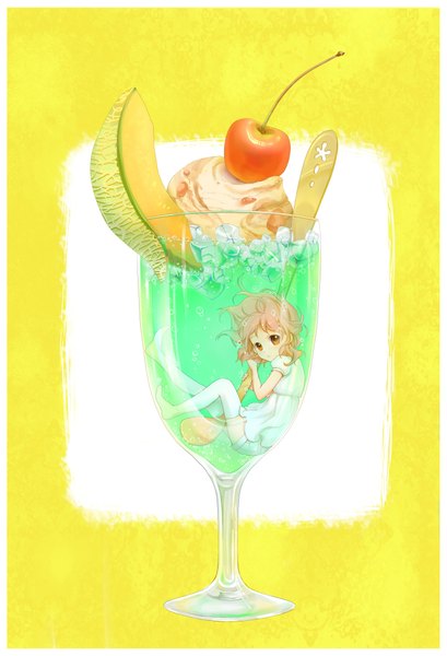 Anime picture 3000x4400 with original melon (akikan) yuzuki kihiro tall image highres brown hair absurdres underwater yellow background girl thighhighs food sweets fruit ice cream berry (berries) ice cherry cocktail glass