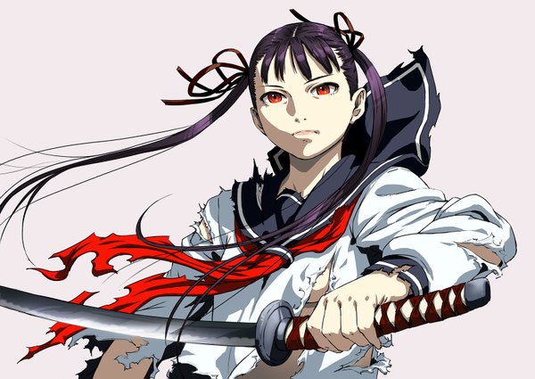 Anime picture 1600x1135 with blood+ production i.g cozy single long hair looking at viewer simple background red eyes purple hair torn clothes pink background girl ribbon (ribbons) weapon hair ribbon sword serafuku katana