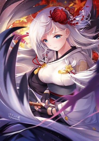 Anime picture 840x1200 with azur lane shoukaku (azur lane) paint musume single tall image looking at viewer blush breasts holding signed silver hair very long hair traditional clothes japanese clothes hair flower aqua eyes blurry mole wide sleeves depth of field