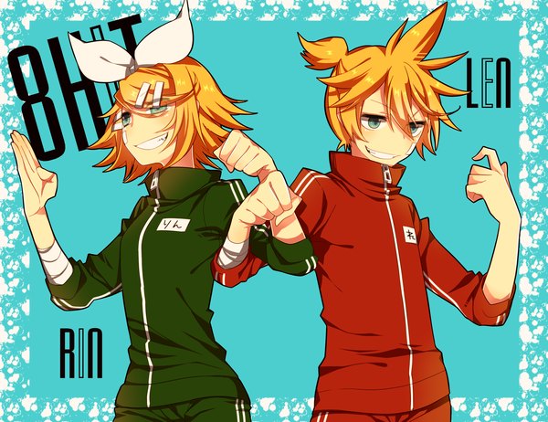 Anime picture 2943x2267 with vocaloid kagamine rin kagamine len haruka (fizz) blush highres short hair blonde hair smile green eyes ponytail inscription couple blue background framed twins brother and sister girl boy uniform