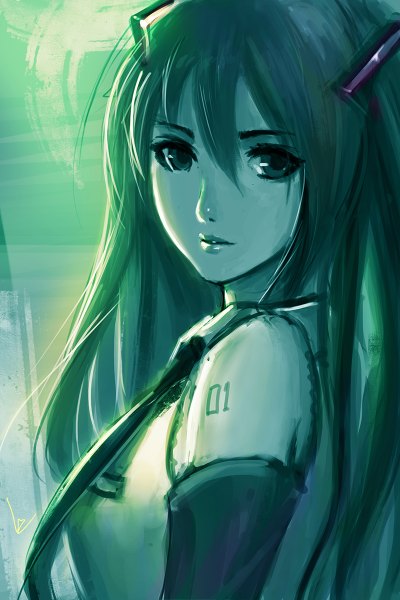 Anime picture 800x1200 with vocaloid hatsune miku chaosringen single long hair tall image looking at viewer fringe simple background smile twintails green eyes green hair lips lipstick girl uniform necktie number (numbers)