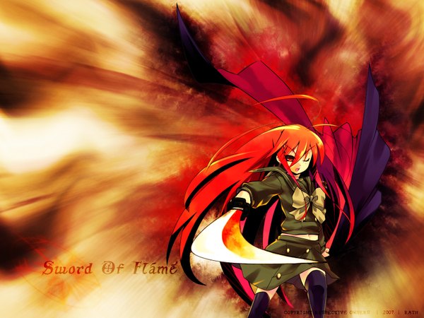 Anime picture 1600x1200 with shakugan no shana j.c. staff shana single long hair fringe open mouth red eyes standing red hair very long hair one eye closed inscription girl thighhighs uniform weapon black thighhighs school uniform