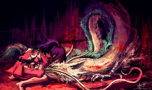 Anime picture 1518x900 with spirited away studio ghibli haku (spirited away) ogino chihiro haku (dragon) alicexz long hair wide image holding purple hair ponytail indoors eyes closed traditional clothes japanese clothes barefoot horn (horns) fantasy screencap redraw girl