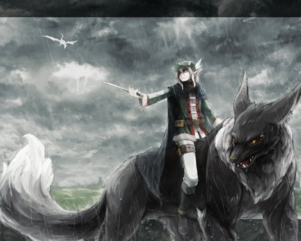 Anime picture 1054x848 with original pixiv fantasia nemu lsaya long hair blonde hair sitting cloud (clouds) pointy ears teeth wet fang (fangs) rain sharp teeth boy animal bird (birds) thigh boots cloak knife flat cap