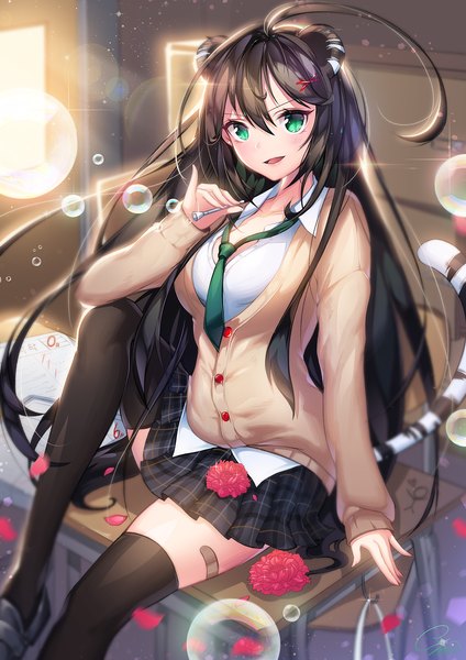 Anime picture 1060x1500 with original snow is single long hair tall image looking at viewer blush fringe black hair smile hair between eyes sitting green eyes animal ears ahoge bent knee (knees) indoors tail animal tail pleated skirt