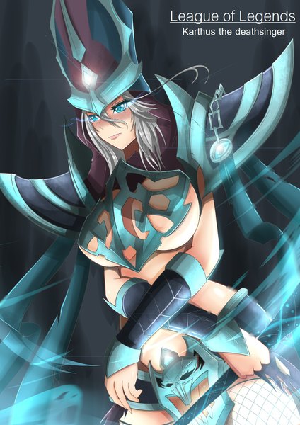 Anime picture 1302x1842 with league of legends karthus (league of legends) torahime (roland00) single long hair tall image blush breasts blue eyes light erotic large breasts grey hair genderswap girl headdress