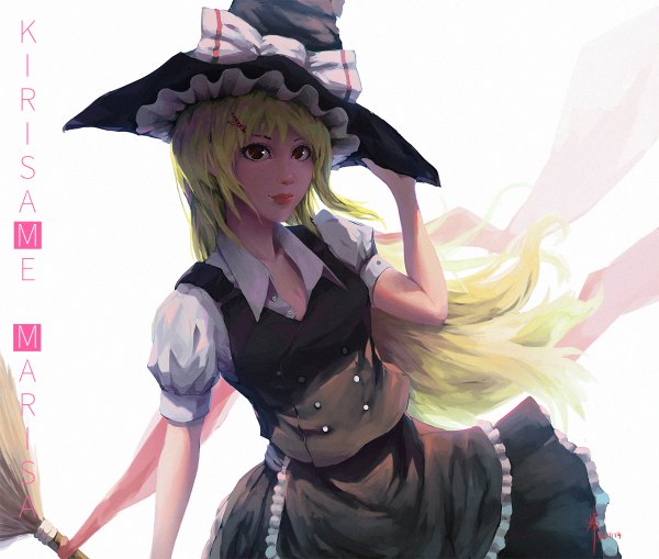 Anime picture 1200x1018 with touhou kirisame marisa guweiz single long hair looking at viewer blonde hair simple background white background brown eyes wind lips lipstick pink lipstick girl dress skirt hair ornament hat hairclip