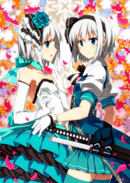 Anime picture 800x1120 with touhou konpaku youmu sazanami mio tall image looking at viewer blush short hair breasts blue eyes multiple girls white hair puffy sleeves flat chest dual persona girl skirt gloves ribbon (ribbons) weapon 2 girls
