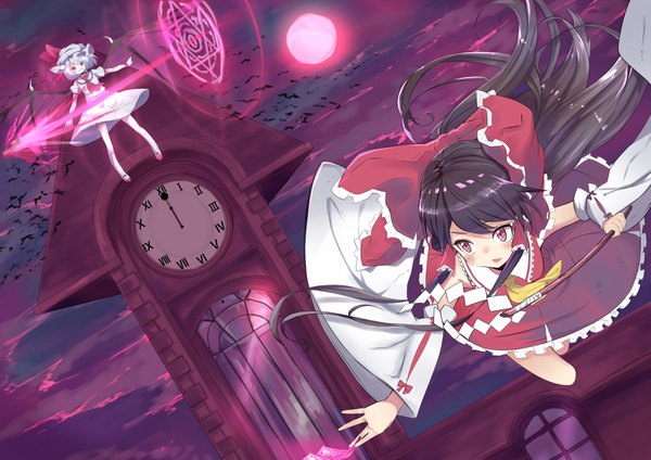 Anime picture 3541x2507 with touhou hakurei reimu remilia scarlet izayoi cha long hair blush highres short hair open mouth black hair red eyes multiple girls brown eyes absurdres sky silver hair ponytail long sleeves traditional clothes japanese clothes