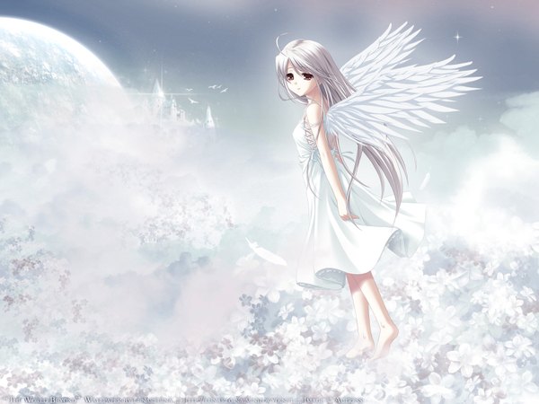 Anime picture 1600x1200 with white clarity smile sky cloud (clouds) full body white hair barefoot light smile wind angel girl dress flower (flowers) animal wings white dress bird (birds) moon star (stars) hands