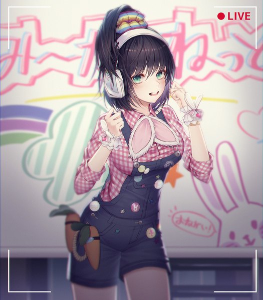Anime picture 1500x1714 with kamen rider isurugi misora cecil86 single tall image looking at viewer blush fringe short hair breasts open mouth black hair hair between eyes standing green eyes upper body ponytail blurry teeth depth of field