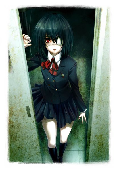 Anime picture 893x1300 with another p.a. works misaki mei araki maki single tall image looking at viewer short hair black hair red eyes girl uniform school uniform socks black socks eyepatch