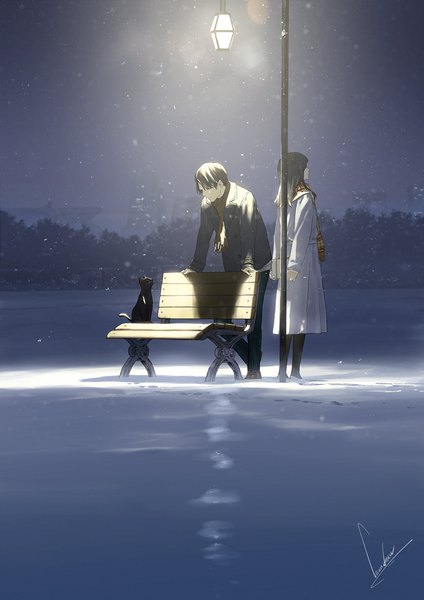 Anime picture 868x1228 with original loundraw long hair tall image short hair standing holding signed sky outdoors long sleeves profile from behind night arm support shadow leaning leaning forward couple looking down