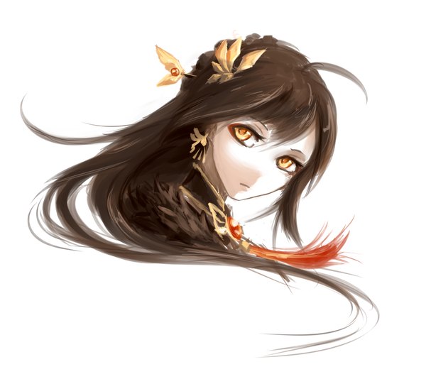 Anime picture 1000x891 with elsword ara haan yama raja (elsword) protorc single long hair looking at viewer black hair simple background white background yellow eyes ahoge face girl hair ornament earrings jewelry