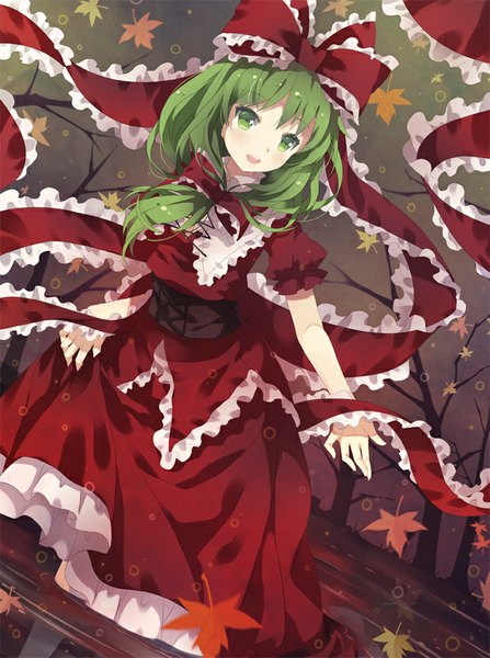 Anime picture 650x871 with touhou kagiyama hina nyanya single long hair tall image looking at viewer blush fringe open mouth smile standing green eyes green hair girl dress skirt bow ribbon (ribbons) hair bow