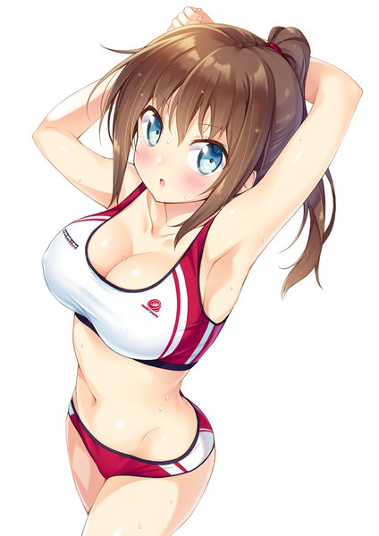 Anime picture 849x1200 with original ichi makoto single long hair tall image looking at viewer blush breasts blue eyes light erotic brown hair large breasts white background cleavage ponytail girl navel uniform gym uniform