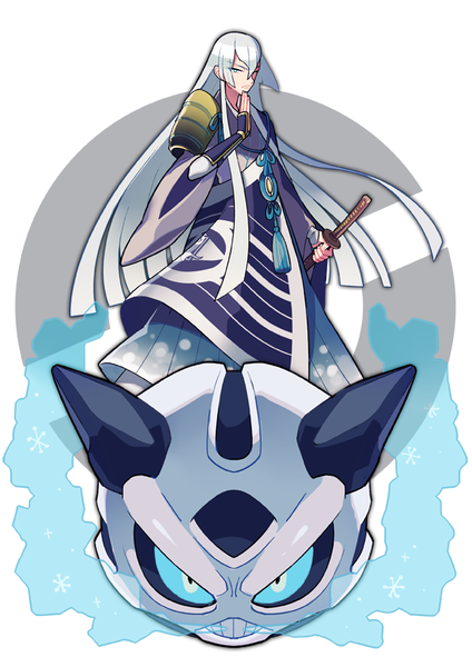 Anime picture 600x848 with pokemon touken ranbu nintendo nitroplus kousetsu samonji glalie ppo-p long hair tall image looking at viewer blue eyes white background silver hair traditional clothes japanese clothes crossover gen 3 pokemon boy weapon sword