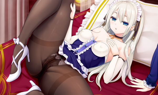 Anime picture 1980x1193 with original soranopin single long hair looking at viewer fringe highres breasts open mouth blue eyes light erotic wide image white hair lying high heels spread legs erect nipples covered nipples girl dress