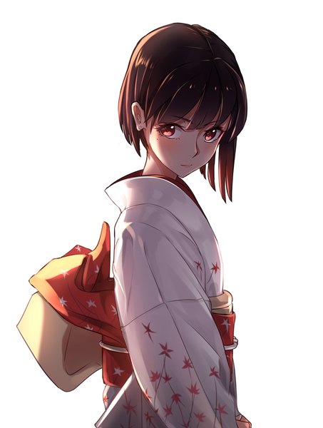Anime picture 756x1000 with original phantania single tall image blush short hair simple background red eyes brown hair white background looking away traditional clothes japanese clothes mole mole under eye girl earrings kimono obi